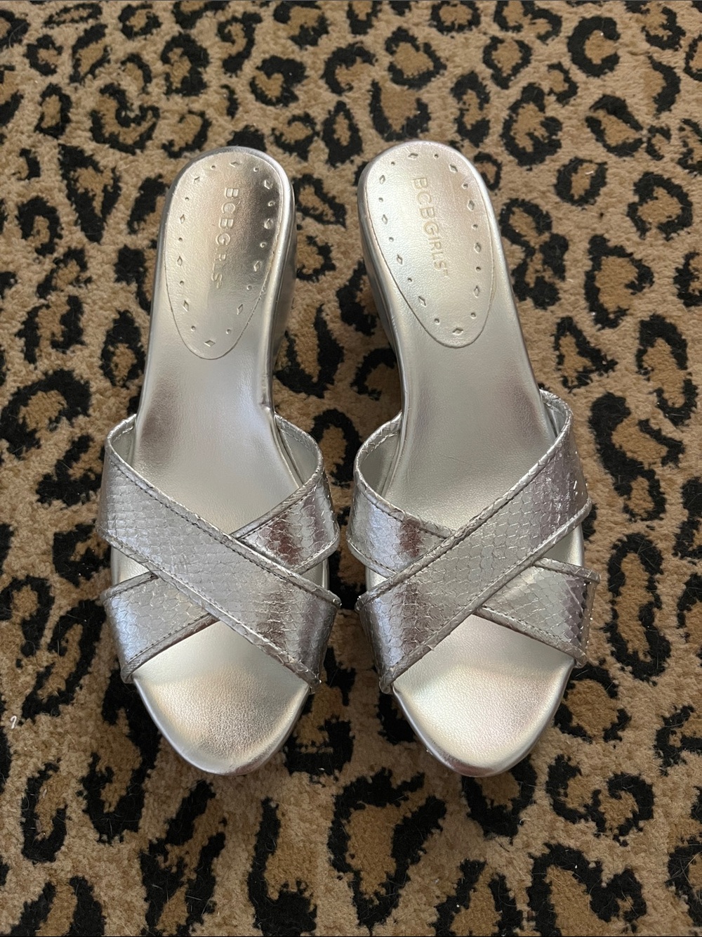 BCBGirls Metallic Silver Crisscross Slide Mules